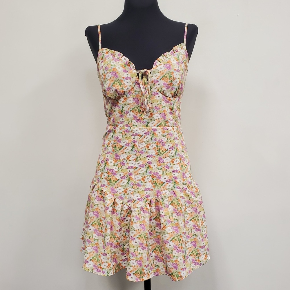 LA Hearts Womens Tie Front Coquette Smocked Back Microfloral Mini‎ Dress Size XS